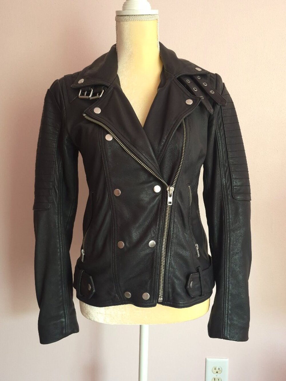 Lucky Brand Double Breasted Military Biker Leather Jacket Small Black Silver